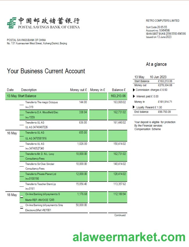 Postal Savings Bank firm account statement Word and PDF template